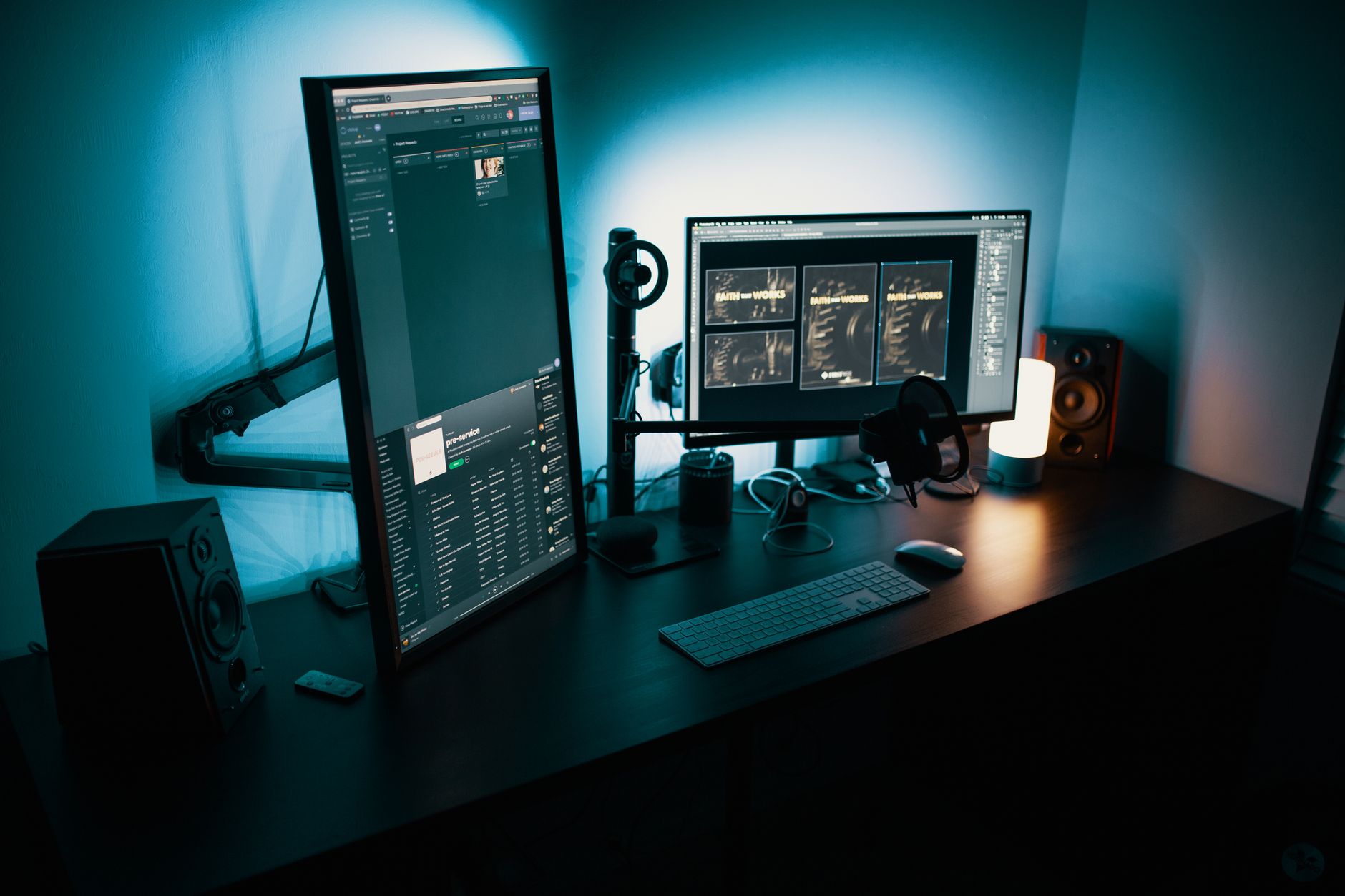 Over-the-shoulder shot of a media buyer looking at a multi-monitor setup displaying a dark-mode analytics dashboard with granular line-item conversions. Warm desk lamp light. Screen is the sole subject, no human faces visible. Not a glass-walled office, not a stock photo of a laptop on a white desk.