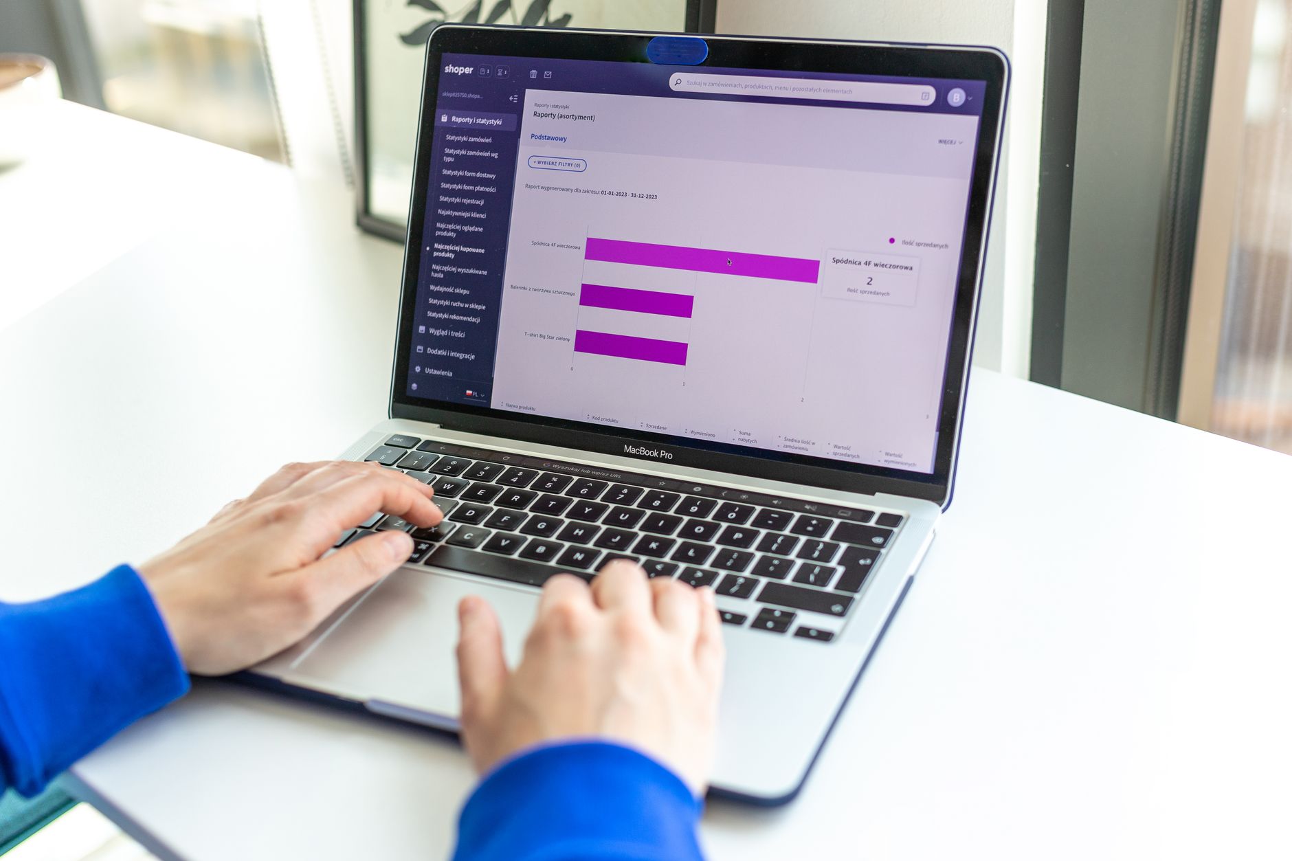 A Shopify analytics dashboard showing $12,000 in 30-day sales, screen is the sole subject, no human in frame, URL bar visible